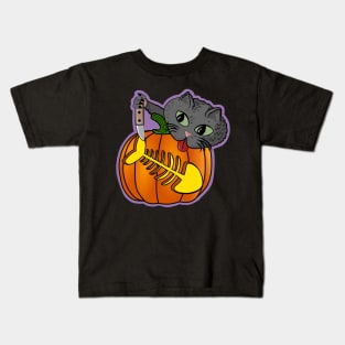 Funny Black Cat Pumpkin Carving Party Halloween Kids T-Shirt